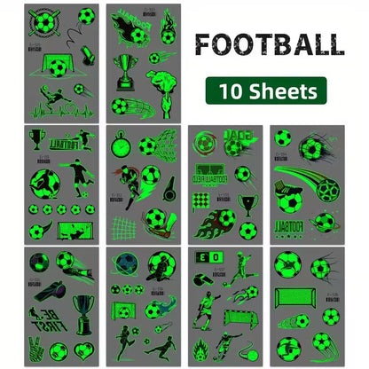 10pcs Soccer Green Luminous Glow In The Dark Waterproof Temporary Tattoo Stickers Face Football Match Arm Body Art Fake Tattoos