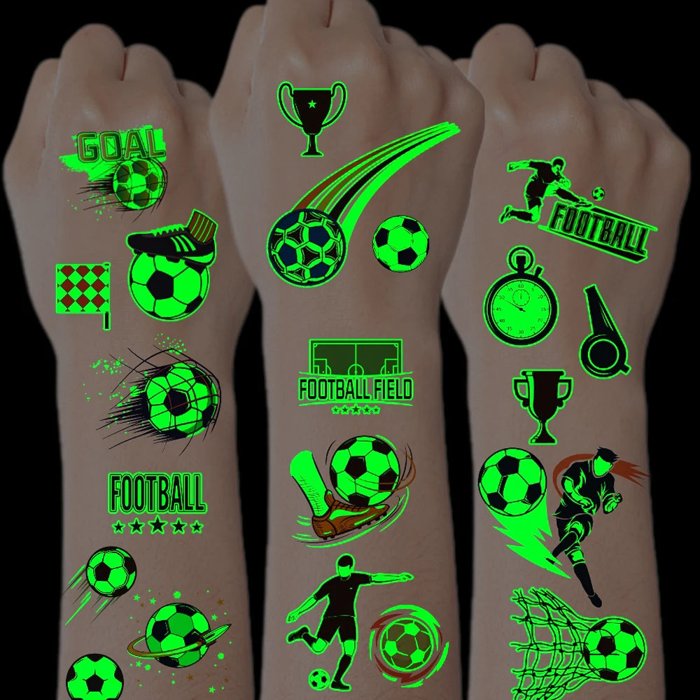 10pcs Soccer Green Luminous Glow In The Dark Waterproof Temporary Tattoo Stickers Face Football Match Arm Body Art Fake Tattoos