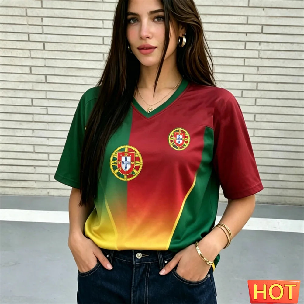 Fashion V-neck Women's T-Shirts Portugal National Flag Print Short Sleeve Tees Football Fan  Jersey Summer Loose Female Clothing