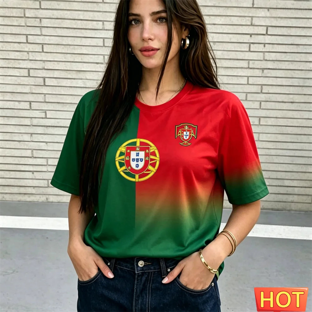 Fashion V-neck Women's T-Shirts Portugal National Flag Print Short Sleeve Tees Football Fan  Jersey Summer Loose Female Clothing
