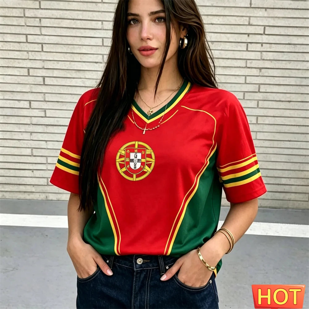 Fashion V-neck Women's T-Shirts Portugal National Flag Print Short Sleeve Tees Football Fan  Jersey Summer Loose Female Clothing