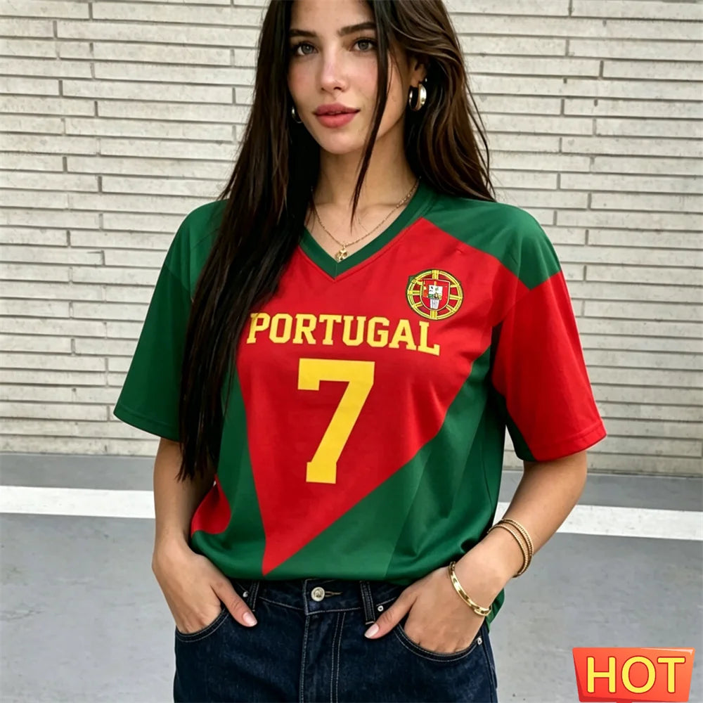 Fashion V-neck Women's T-Shirts Portugal National Flag Print Short Sleeve Tees Football Fan  Jersey Summer Loose Female Clothing