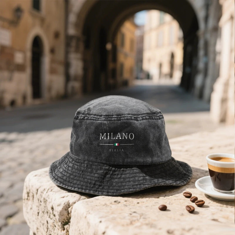 Cotton Washed Bucket Hat Milano Design Vintage Distressed Fisherman Cap Retro Unisex Sun Hat for Calcio Football Fan Travel Gift