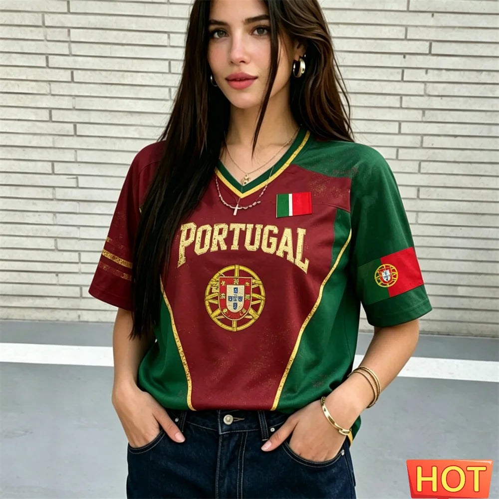 Fashion V-neck Women's T-Shirts Portugal National Flag Print Short Sleeve Tees Football Fan  Jersey Summer Loose Female Clothing