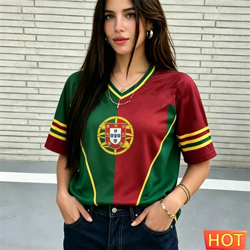 Fashion V-neck Women's T-Shirts Portugal National Flag Print Short Sleeve Tees Football Fan  Jersey Summer Loose Female Clothing