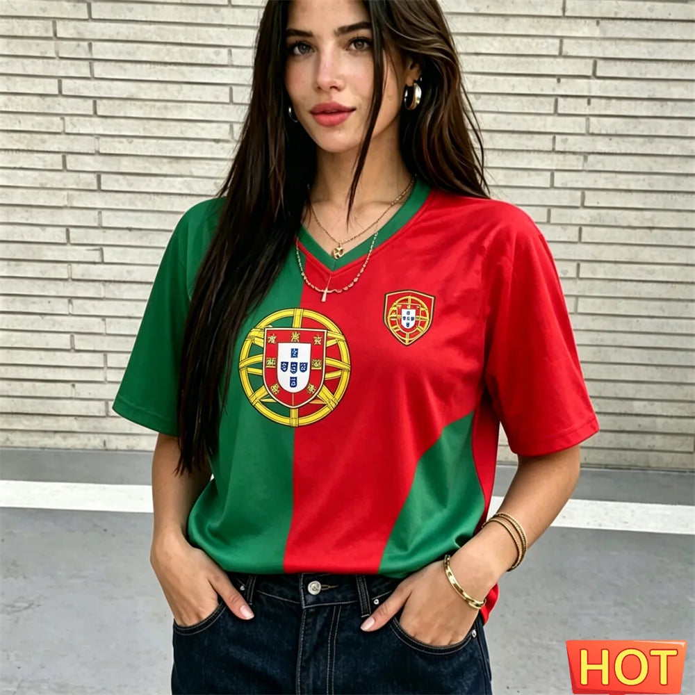 Fashion V-neck Women's T-Shirts Portugal National Flag Print Short Sleeve Tees Football Fan  Jersey Summer Loose Female Clothing