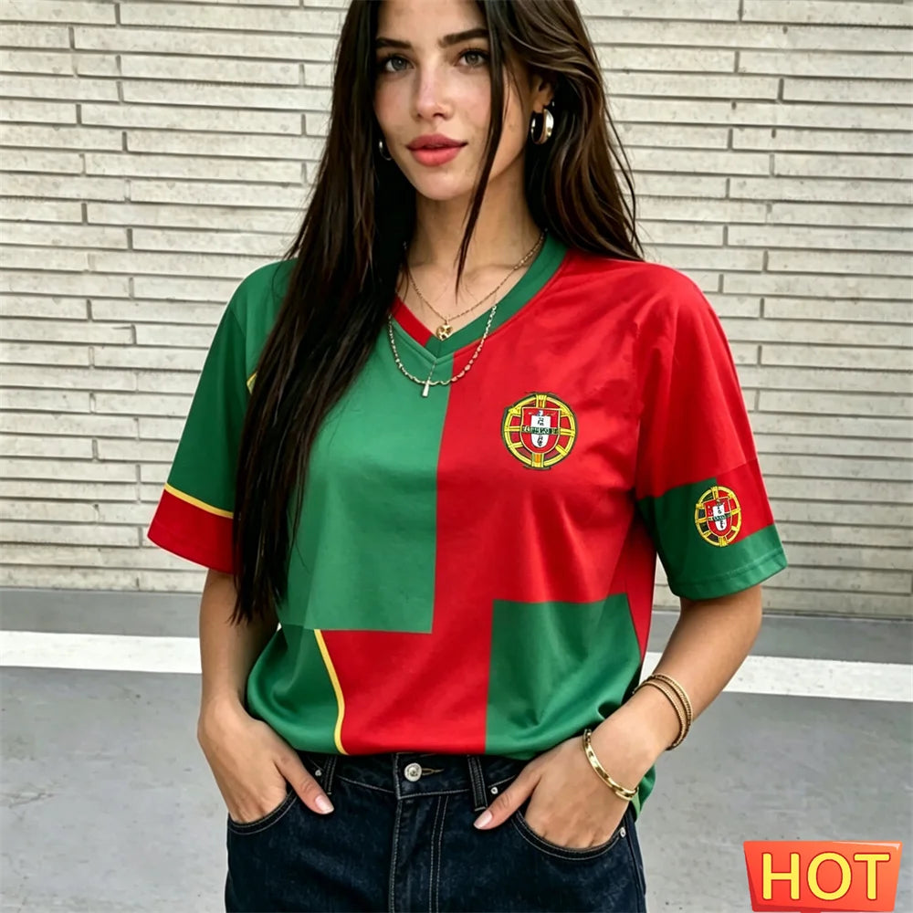 Fashion V-neck Women's T-Shirts Portugal National Flag Print Short Sleeve Tees Football Fan  Jersey Summer Loose Female Clothing