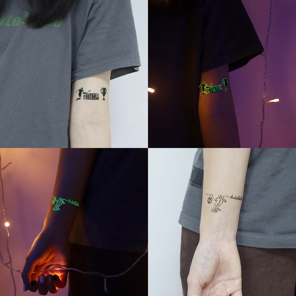 10pcs Soccer Green Luminous Glow In The Dark Waterproof Temporary Tattoo Stickers Face Football Match Arm Body Art Fake Tattoos