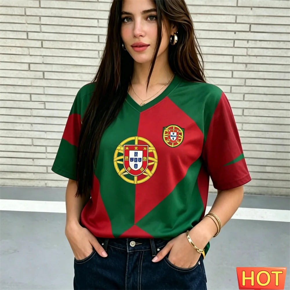 Fashion V-neck Women's T-Shirts Portugal National Flag Print Short Sleeve Tees Football Fan  Jersey Summer Loose Female Clothing